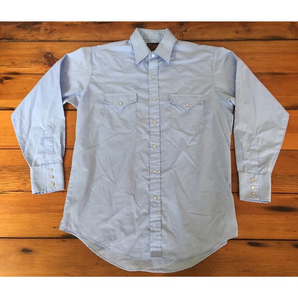 Vtg Plains Western Wear Blue Cotton Long Sleeve Pearl Snaps Cowboy Shirt M 46"